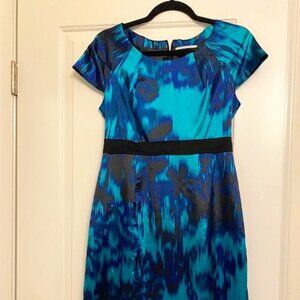 Women's T Tahari Satin Midi Ikat Empire Waist Dress in Blue/Aqua Size 4